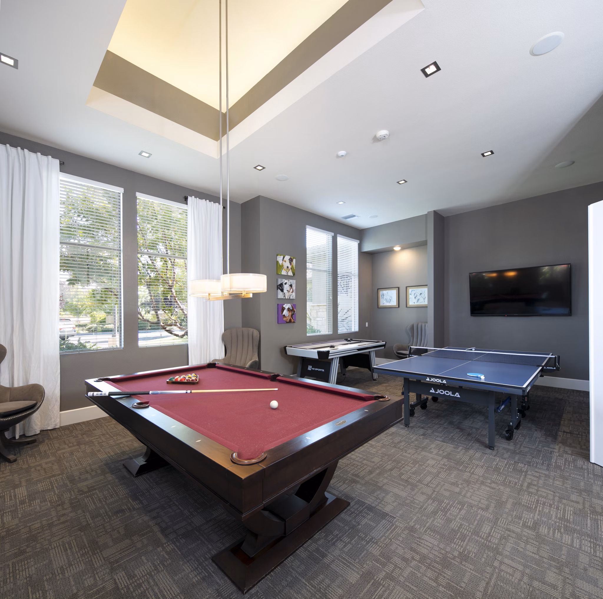 Vibrant game room with pool table and seating at Fiori Estates Apartments, ideal for socializing and relaxation