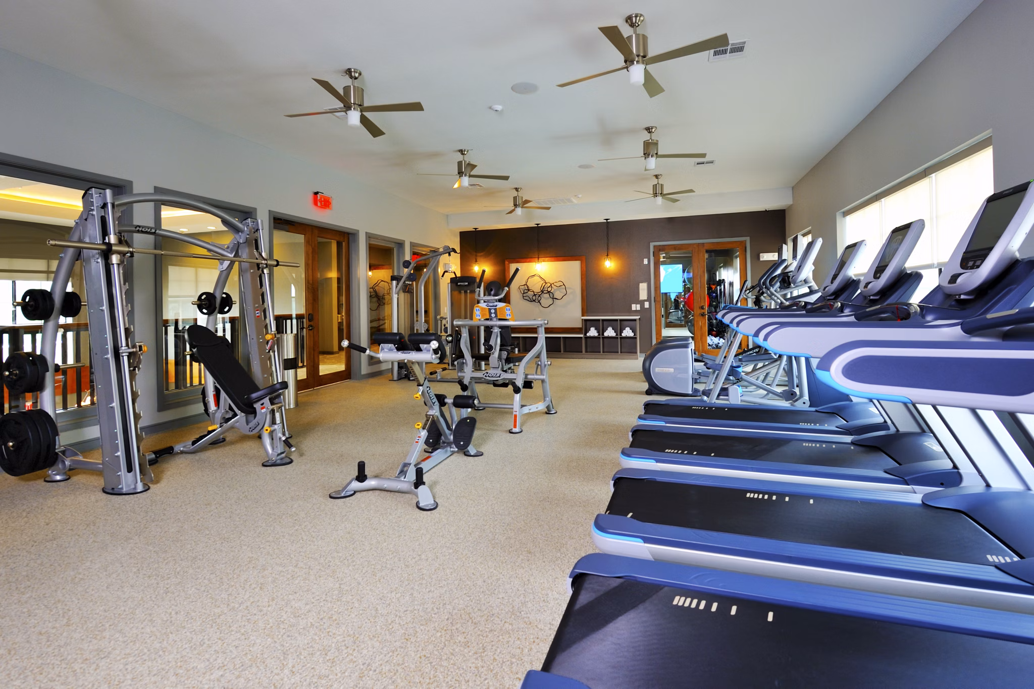 Fitness center featuring modern exercise equipment at The Townhomes at Woodmill Creek luxury apartments