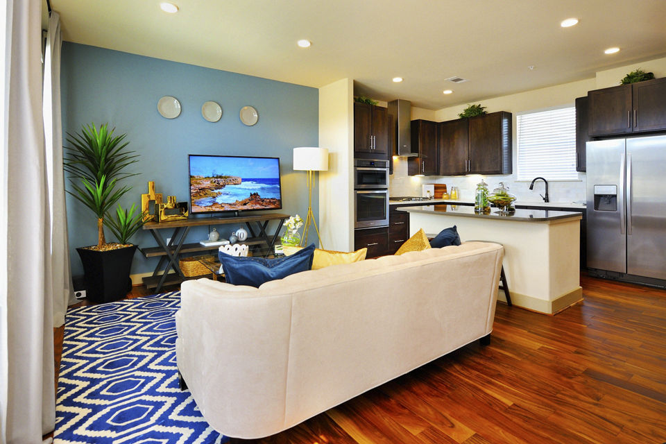 Spacious living room with elegant decor in The Townhomes at Woodmill Creek, luxury apartments