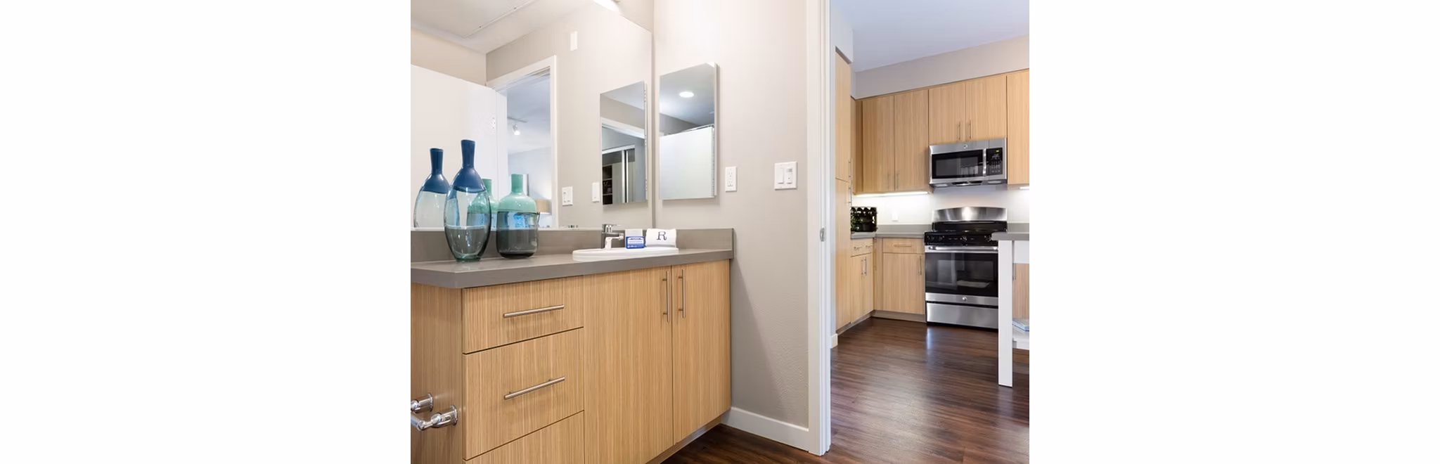Elegant bathroom with modern fixtures at 481 on Mathilda Apartments in Sunnyvale