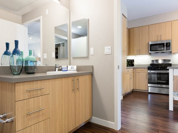 Elegant bathroom with modern fixtures at 481 on Mathilda Apartments in Sunnyvale