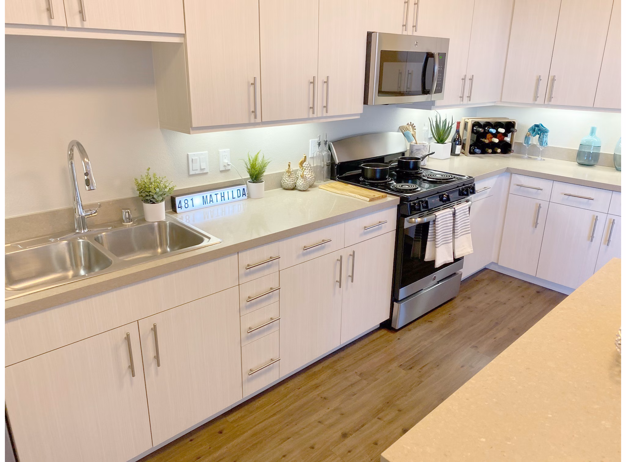 Modern kitchen with stainless steel appliances at 481 on Mathilda Apartments, luxury living in Sunnyvale