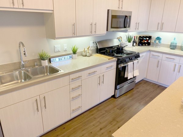 Modern kitchen with stainless steel appliances at 481 on Mathilda Apartments, luxury living in Sunnyvale