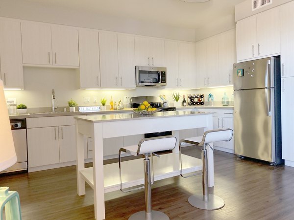 Modern kitchen with stainless steel appliances at 481 on Mathilda Apartments, luxury living by Greystar in vibrant Sunnyvale