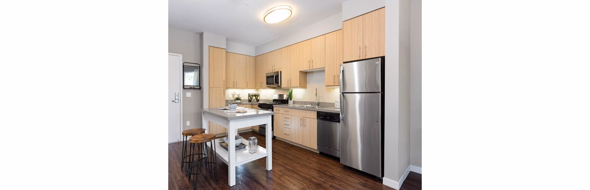 Modern kitchen with stainless steel appliances at 481 on Mathilda Apartments