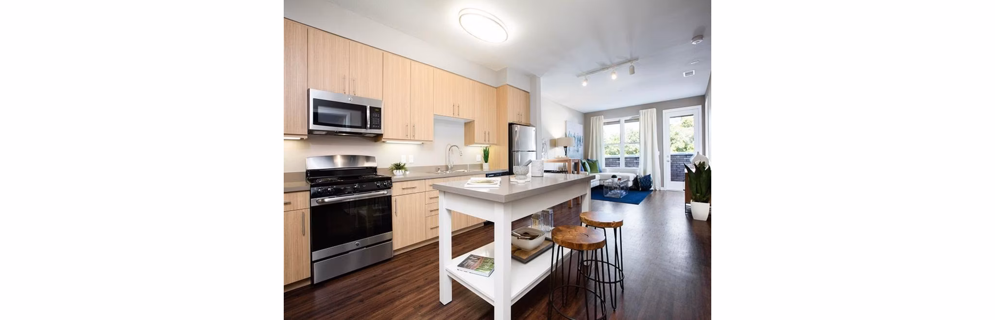 Modern kitchen with stainless steel appliances at 481 on Mathilda Apartments