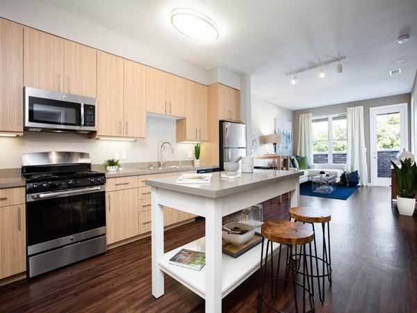 Modern kitchen with stainless steel appliances at 481 on Mathilda Apartments