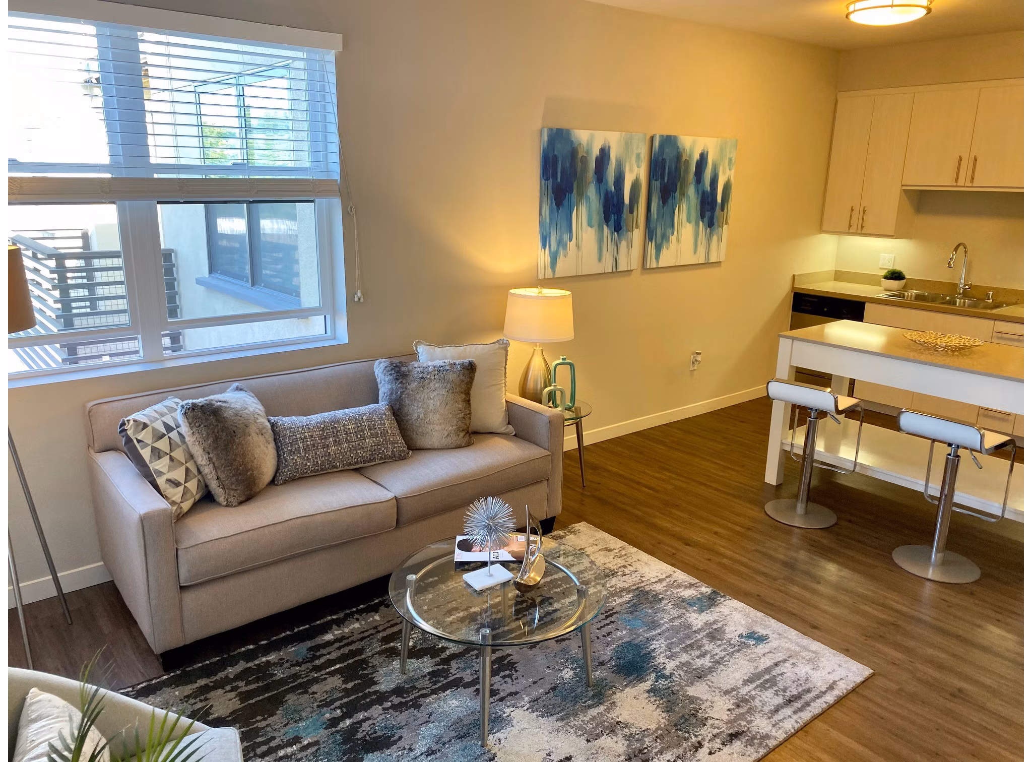 Spacious living room with modern decor at 481 on Mathilda Apartments