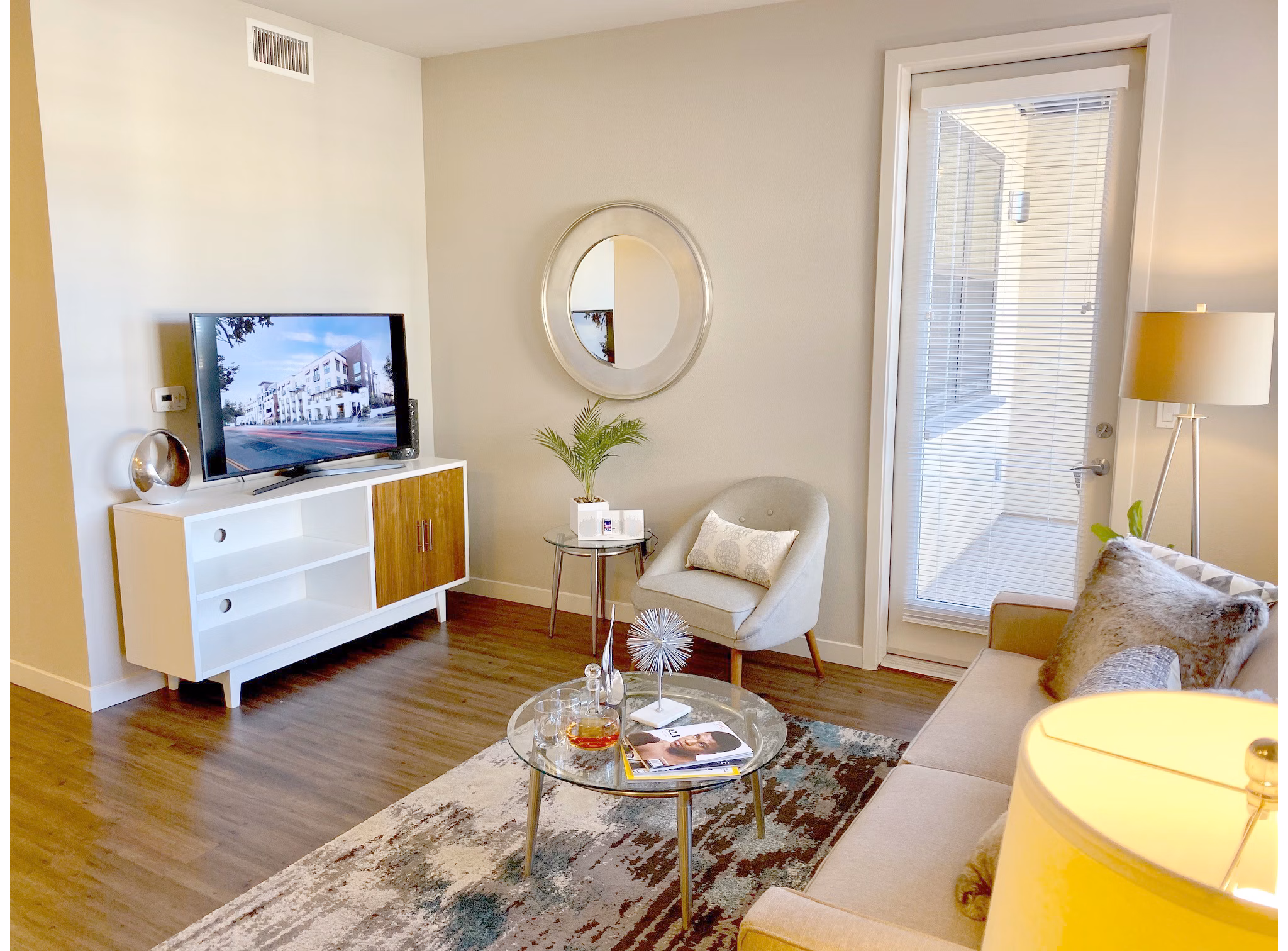 Living room featuring modern decor and natural light at 481 on Mathilda Apartments, a luxury community in the heart of Sunnyvale