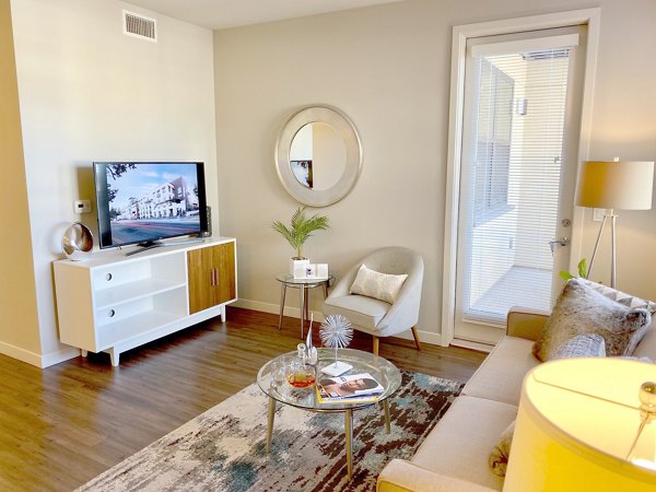 Living room featuring modern decor and natural light at 481 on Mathilda Apartments, a luxury community in the heart of Sunnyvale