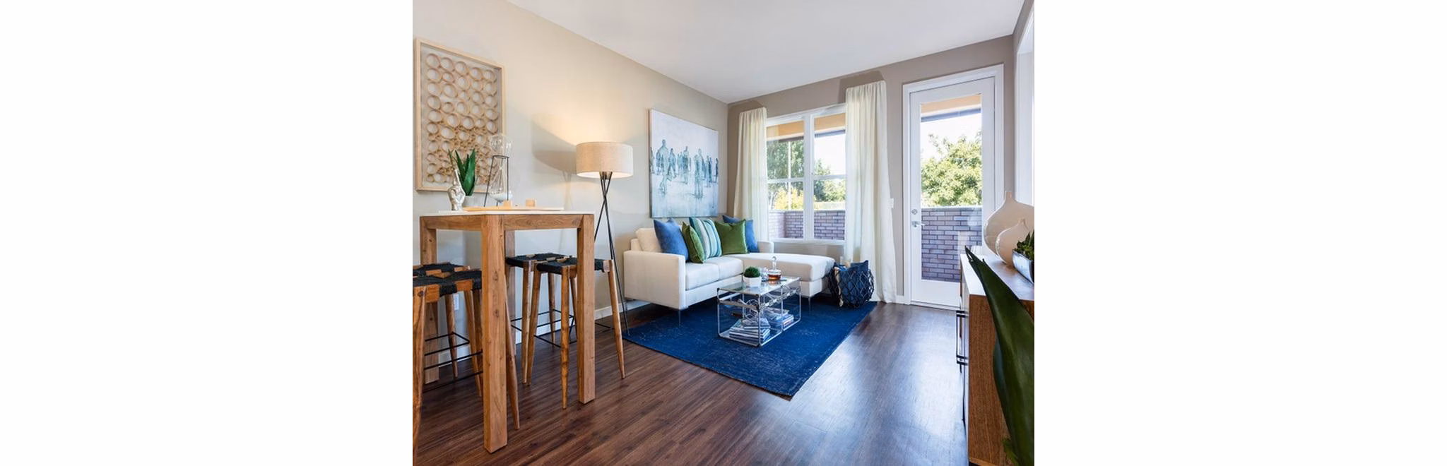 Living room with modern decor at 481 on Mathilda Apartments offering luxury living spaces in prime location