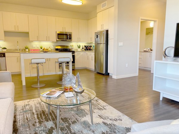Modern living room with sleek decor at 481 on Mathilda Apartments in sunny Silicon Valley