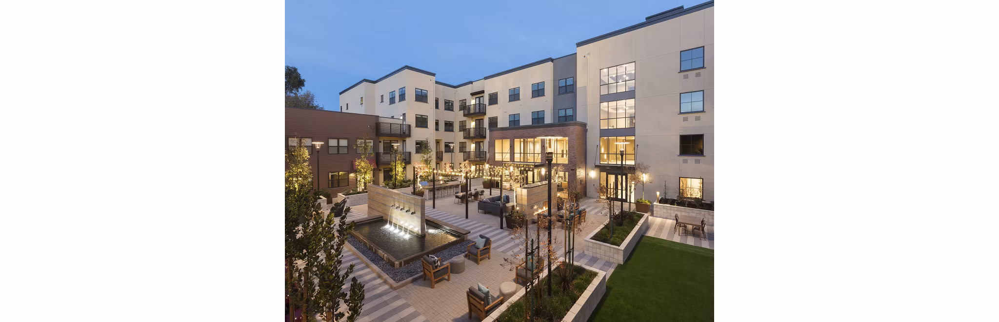 Charming courtyard with lush greenery at 481 on Mathilda Apartments, luxury living by Greystar in sunny Santa Clara