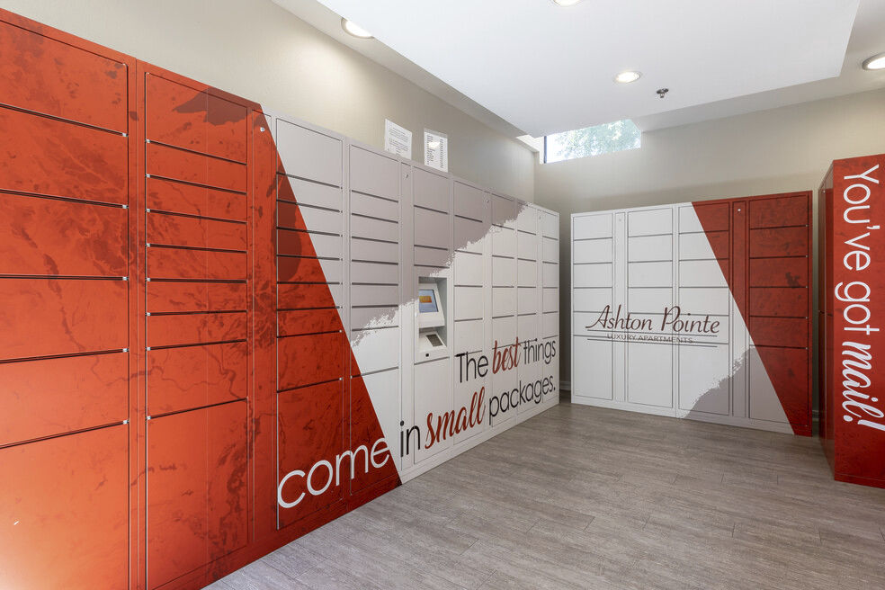 Ashton Pointe package-locker room; package service has a monthly charge.