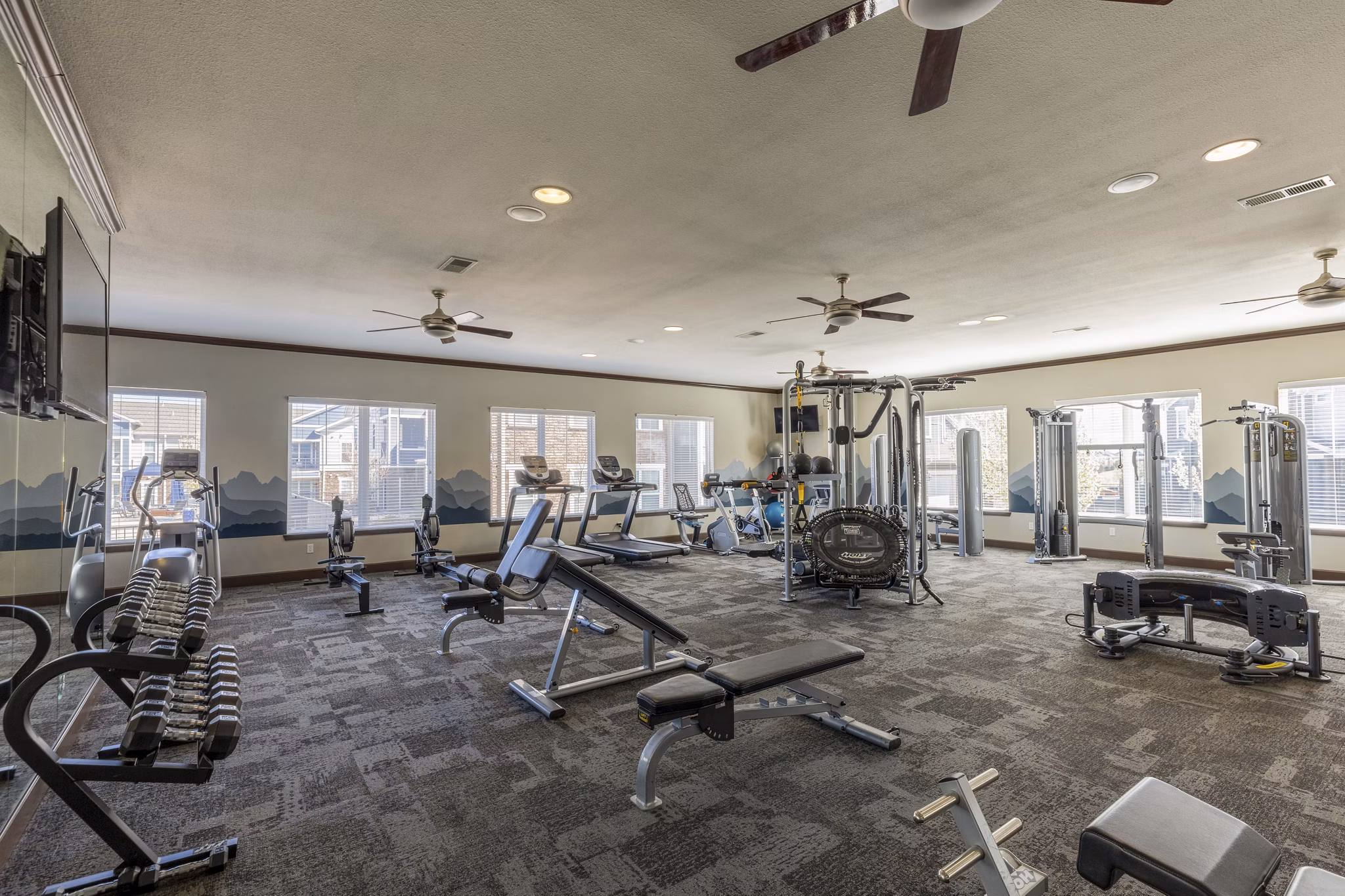 Modern fitness center with state-of-the-art equipment at Waterford at Southlands Apartments offering a premium workout experience