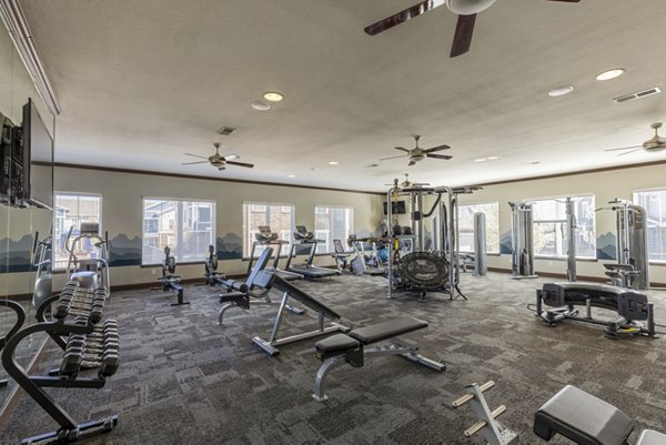 Modern fitness center with state-of-the-art equipment at Waterford at Southlands Apartments offering a premium workout experience