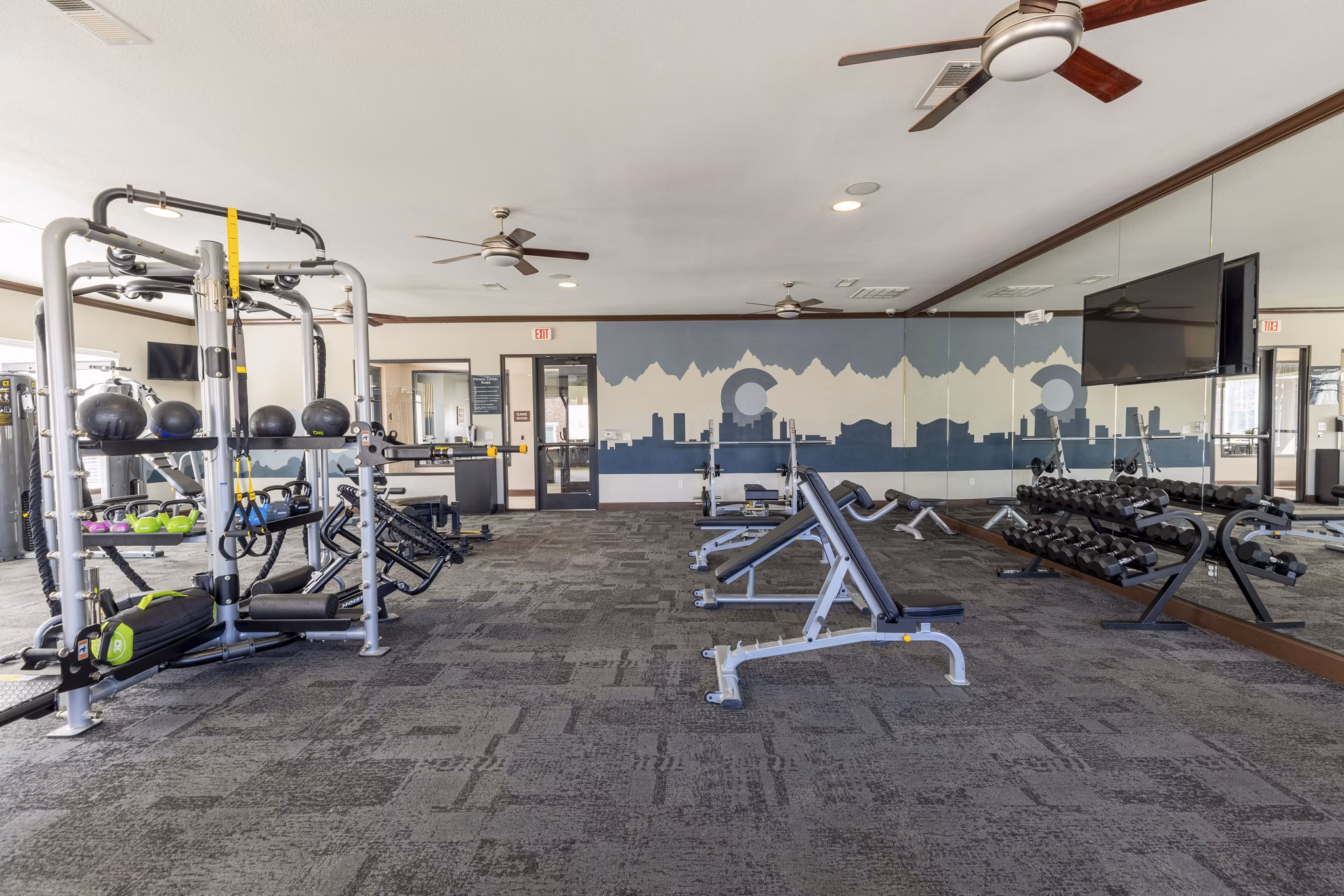 Well-equipped fitness center at Waterford at Southlands Apartments, featuring modern gym facilities and exercise equipment for residents