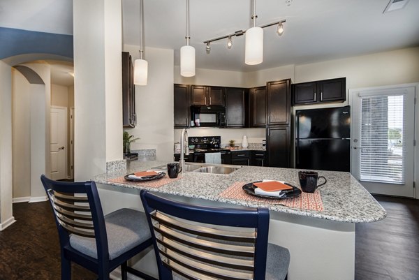 Modern kitchen with stainless steel appliances at Waterford at Southlands Apartments, a Greystar luxury apartment community