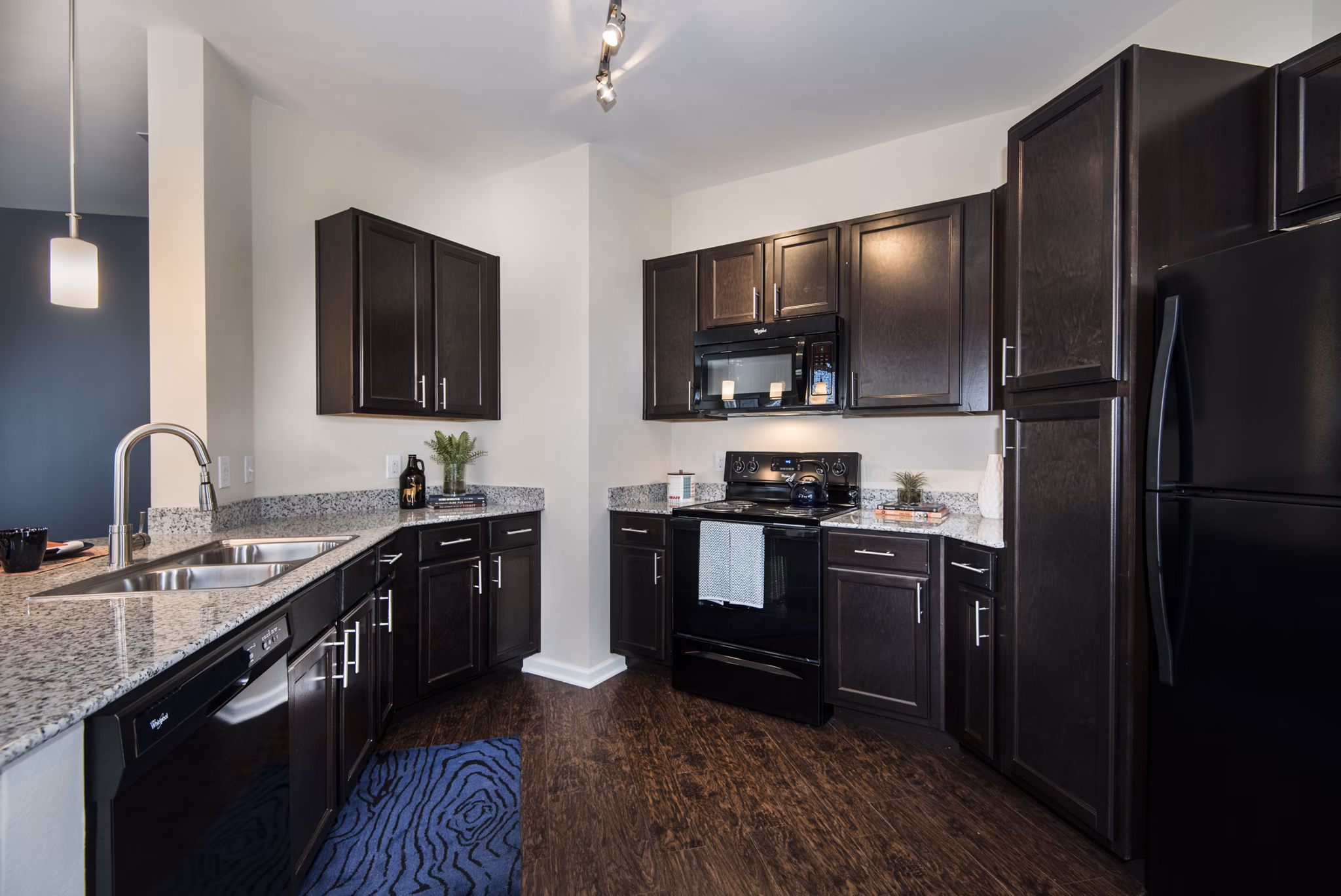 Modern kitchen with stainless steel appliances at Waterford at Southlands Apartments
