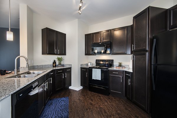 Modern kitchen with stainless steel appliances at Waterford at Southlands Apartments