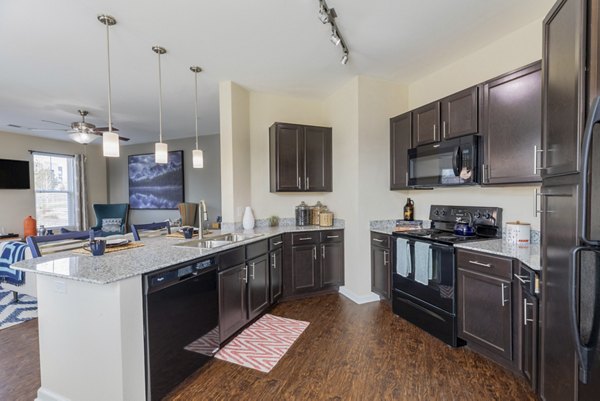 Modern kitchen with stainless steel appliances and granite countertops at Waterford at Southlands Apartments