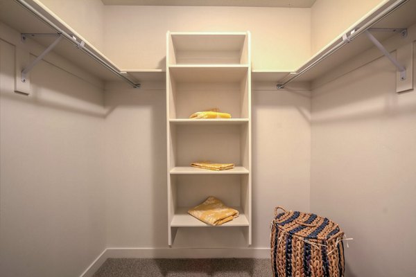 Organized closet space with custom shelving in Rockwell Village Apartments