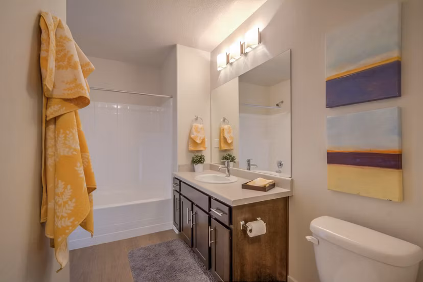 Spacious bathroom with elegant fixtures in Rockwell Village Apartments