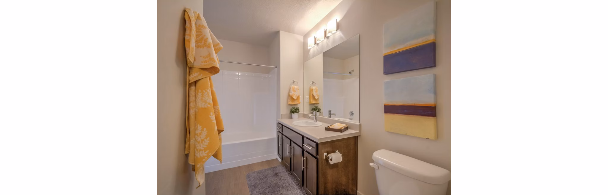 Spacious bathroom with elegant fixtures in Rockwell Village Apartments