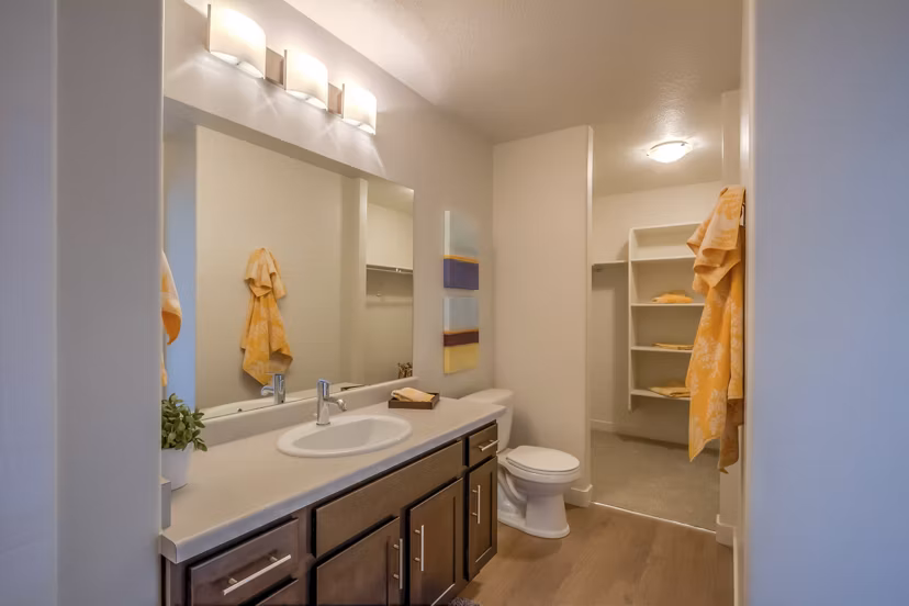 Modern bathroom with sleek fixtures in Rockwell Village Apartments