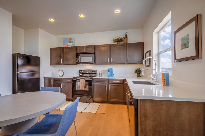 Modern kitchen with stainless steel appliances and sleek countertops at Rockwell Village Apartments
