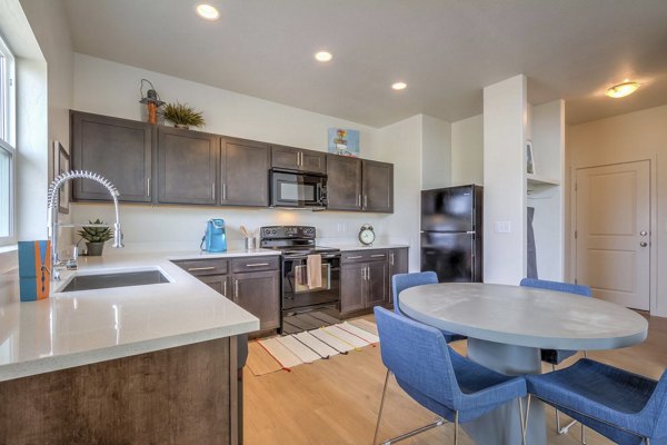 Modern kitchen with stainless steel appliances in Rockwell Village Apartments