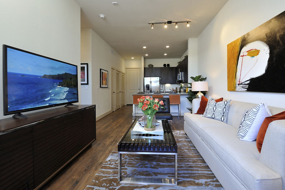 Modern living room with elegant furnishings at Broadstone Energy Park Apartments