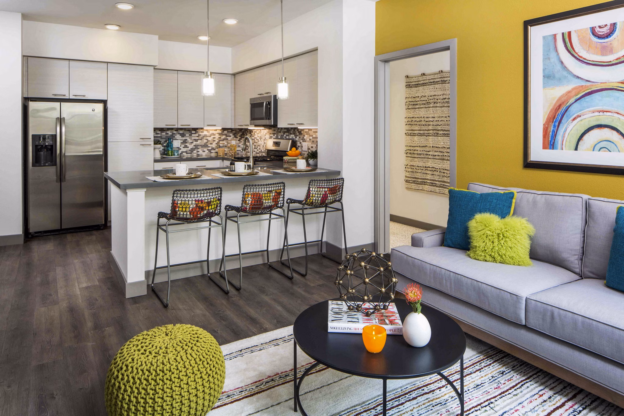 Spacious living room with modern decor at Jefferson Platinum Triangle Apartments, Anaheim Luxury style and comfort for an elevated lifestyle