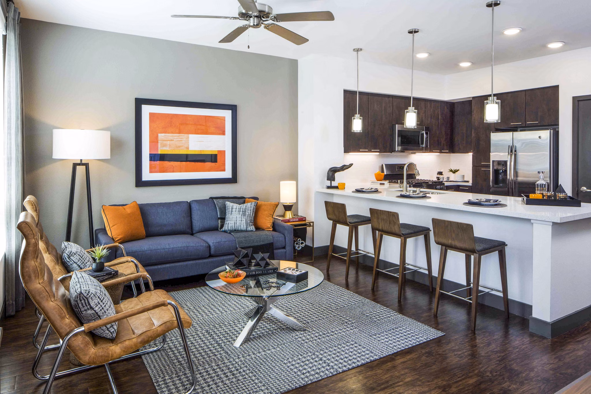 Spacious living room with modern decor in Jefferson Platinum Triangle Apartments, showcasing luxury living near Anaheim's exciting attractions