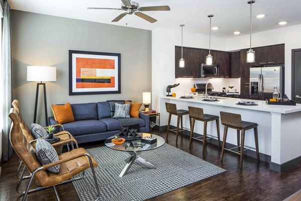 Spacious living room with modern decor in Jefferson Platinum Triangle Apartments, showcasing luxury living near Anaheim's exciting attractions