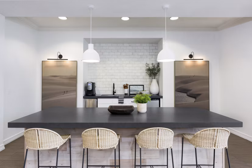 Clubhouse with modern design and seating at Cantera Apartments