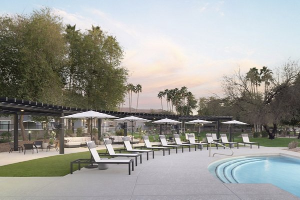 Resort-style pool with cabanas at Cantera Apartments