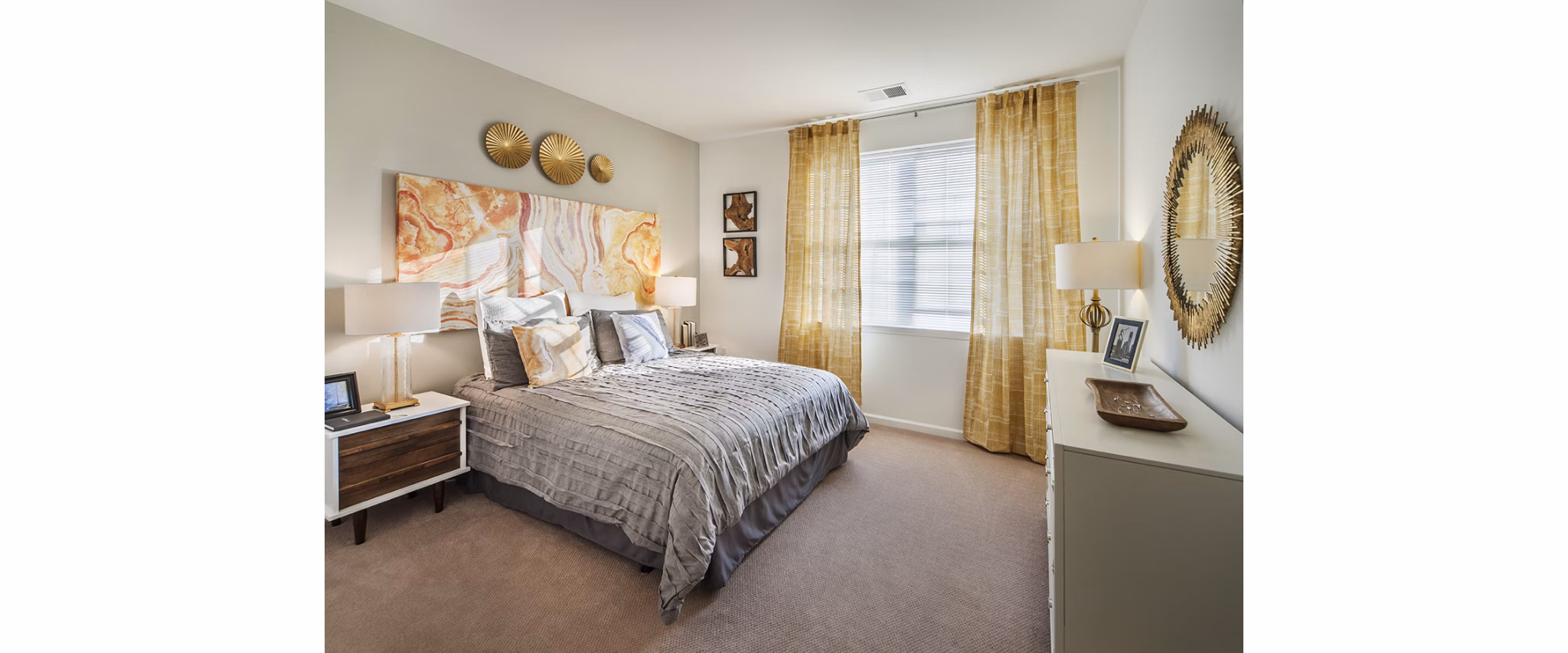 Cozy bedroom with modern decor at 221 Bergen Apartments, Hackensack