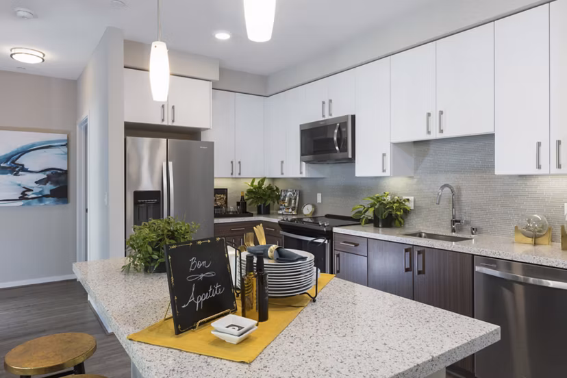 Modern kitchen with stainless steel appliances at The Standard Apartments, a luxury living space in a premier location by Greystar