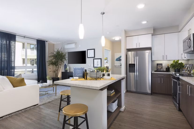 Modern kitchen with stainless steel appliances at The Standard luxury apartments