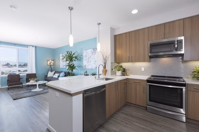 Modern kitchen featuring stainless steel appliances at The Standard Apartments