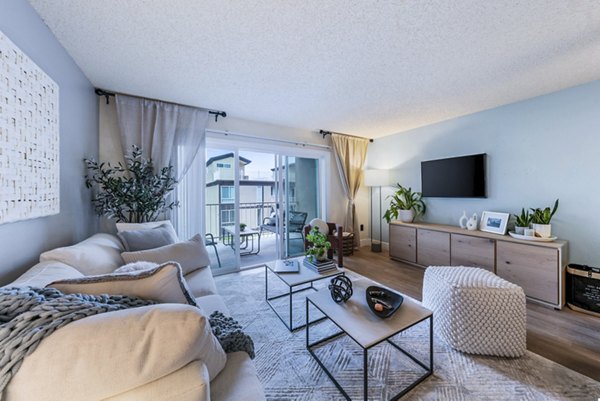 Spacious living room with modern decor and large windows in Harbor Park Apartments