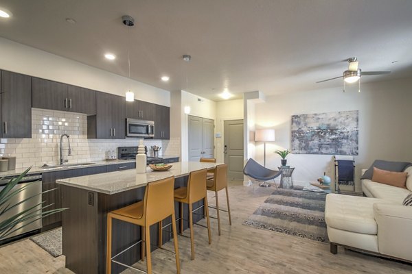 Sleek kitchen with modern appliances in One West Apartments