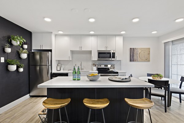 Modern kitchen with stainless steel appliances at The Franciscan Apartments