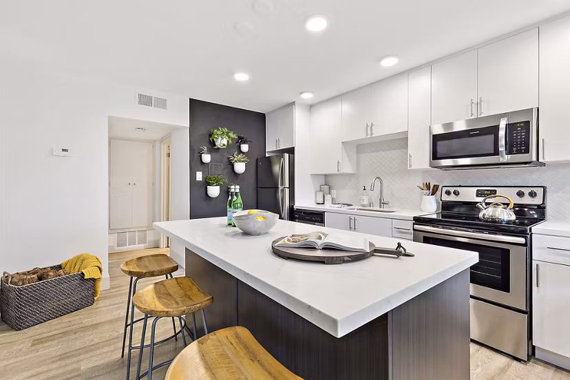 Modern kitchen featuring sleek countertops and stainless steel appliances in The Franciscan Apartments