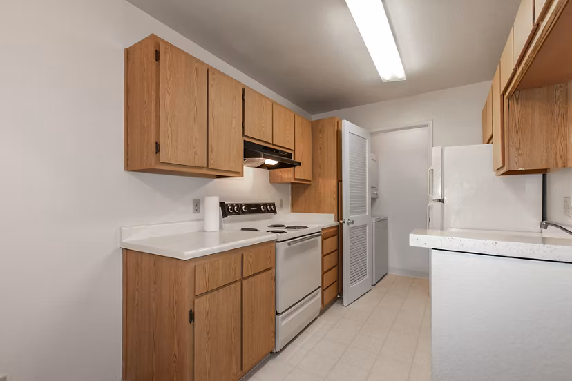 Kitschy modern kitchen with stainless steel appliances at Monte Vista Apartments offers luxurious culinary space for residents