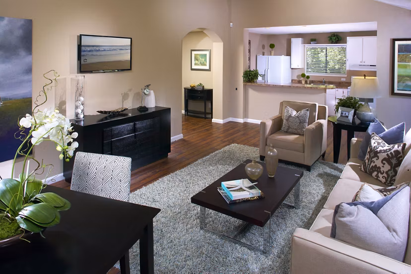 Modern clubhouse with stylish seating and fireplace at Brookside Apartments, a luxury Greystar community in scenic surroundings