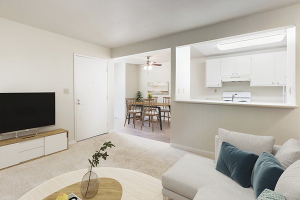Dining area with modern furnishings and natural light at Brookside Apartments, luxury living by Greystar