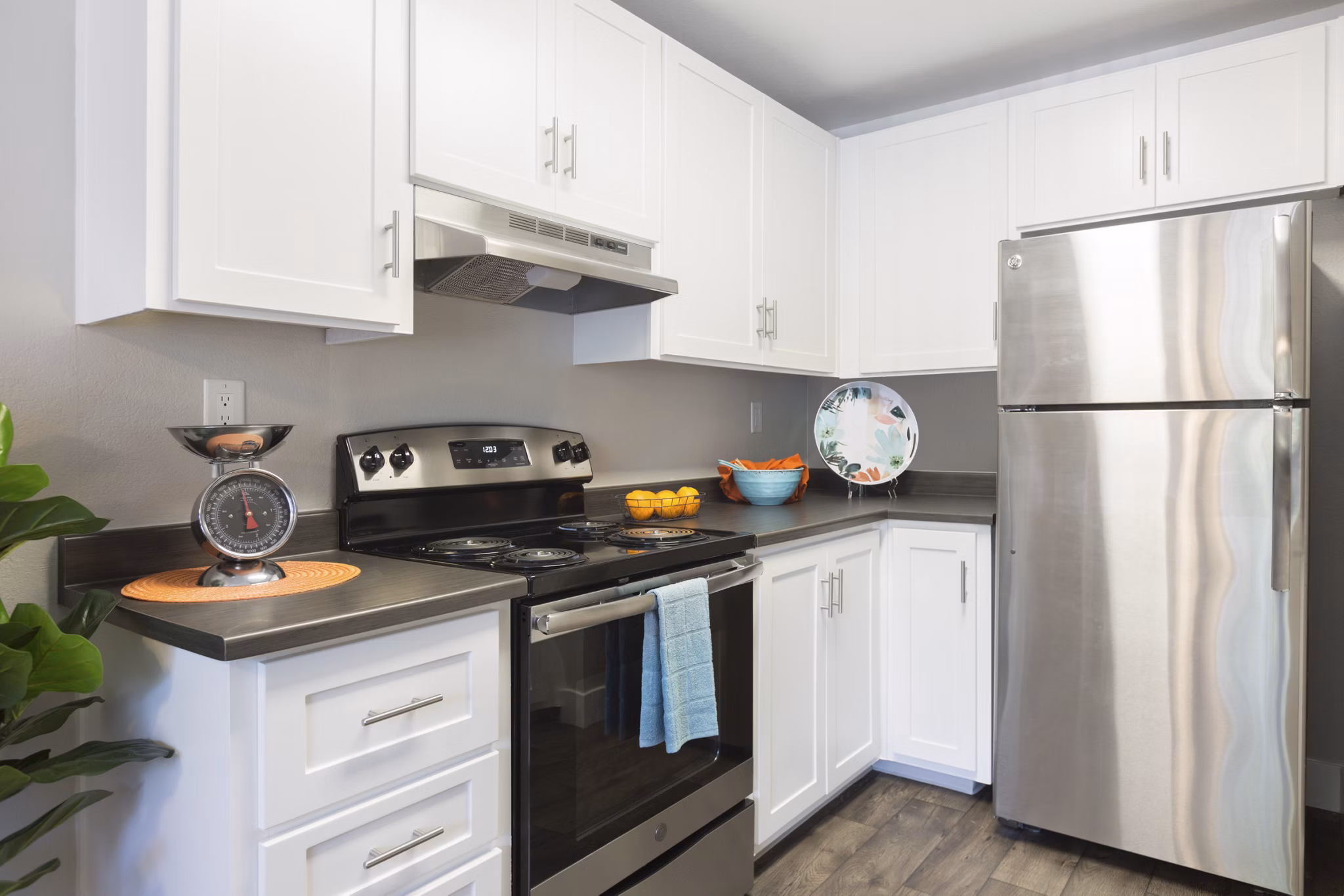 Modern kitchen featuring stainless steel appliances and granite countertops at Brookside Apartments