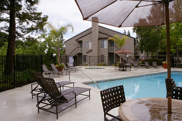 Luxury outdoor pool at Brookside Apartments with cabanas and sun loungers, perfect for relaxation in a beautiful setting